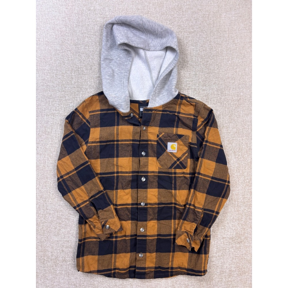 Carhartt Boys Hooded Flannel Shirt Orange Black Plaid L 14-16 TW8198-B